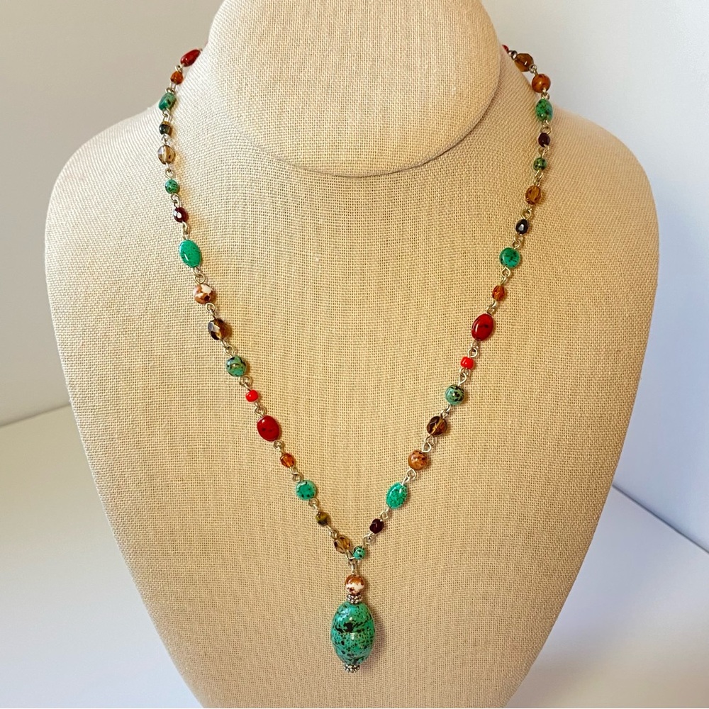 Vintage Napier Retro Faux Turquoise Pendant Beaded Stone Station Y Drop Necklace - Picture 3 of 9